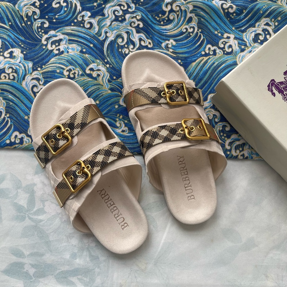 Burberry Beige Check Triple-Buckle Slide Sandals
